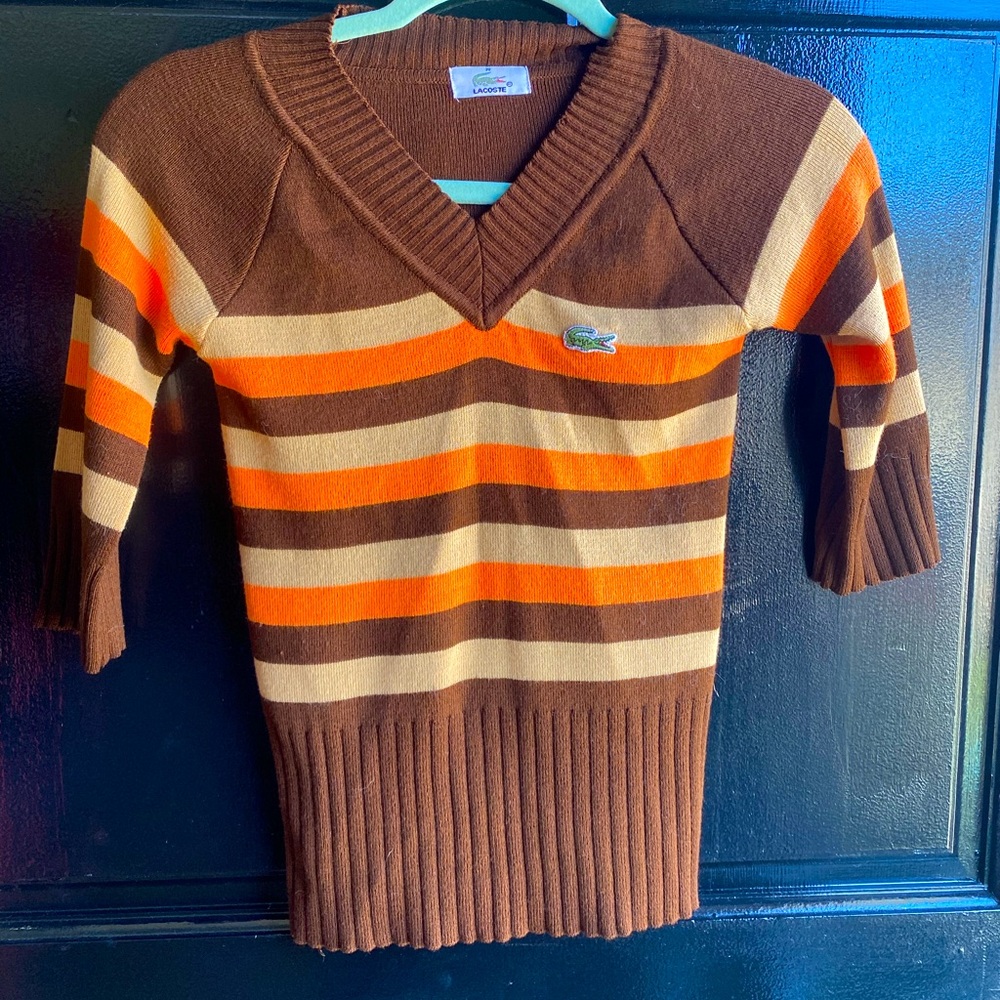 Lacoste Retro Brown Orange V Neck Sweater